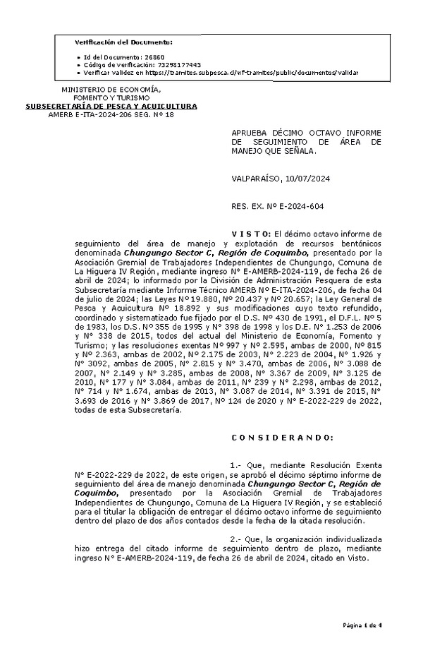 RESOL. EXENTA Nº E-2024-604 Aprueba décimo octavo informe de seguimiento. (Publicado en Página Web 12-07-2024)