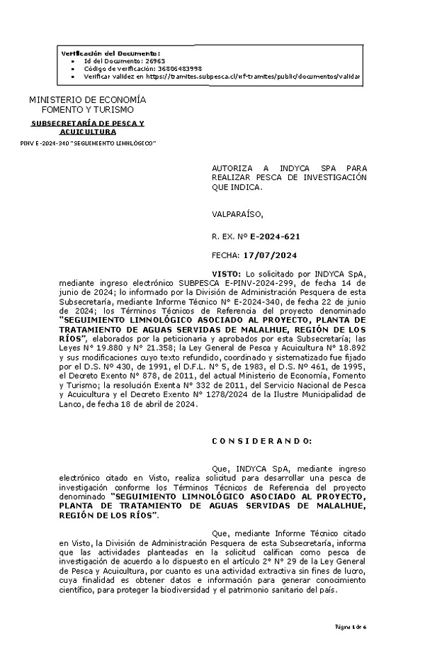 R. EX. Nº E-2024-621 AUTORIZA A INDYCA SPA PARA REALIZAR PESCA DE INVESTIGACIÓN QUE INDICA. (Publicado en Página Web 18-07-2024)