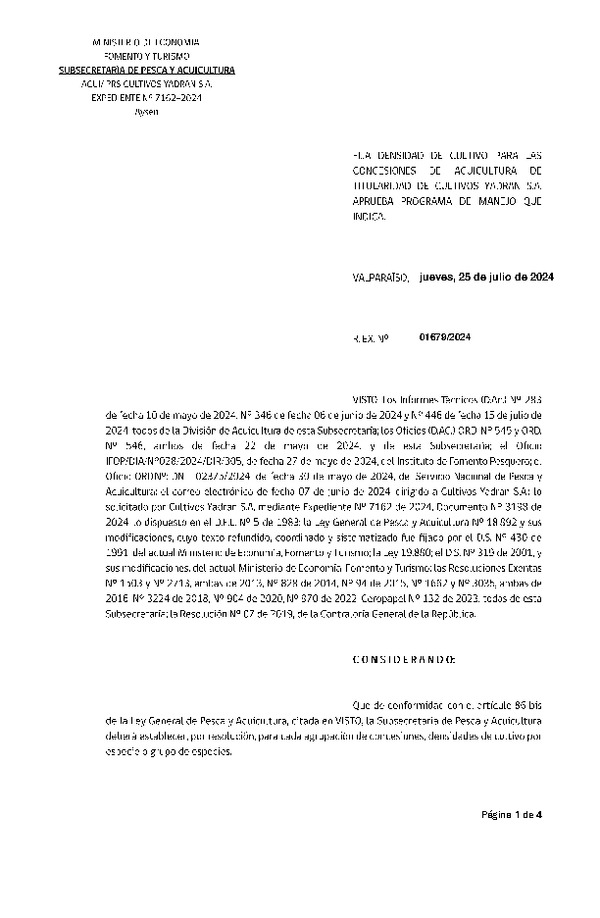 Res. Ex. N° 1679-2024 Fija densidad de cultivo para las concesiones de acuicultura de titularidad de Yadran S.A. Aprueba programa de manejo que indica. (Con Informe Técnico) (Publicado en Página Web 26-07-2024)