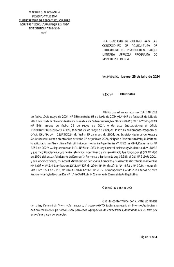 Res. Ex. N° 1681-2024 Fija densidad de cultivo para las concesiones de acuicultura de titularidad de Piscicultura Palqui Limitada. Aprueba programa de manejo que indica. (Con Informe Técnico) (Publicado en Página Web 26-07-2024)