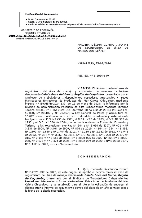 RESOL. EXENTA Nº E-2024-649 Aprueba décimo cuarto informe de seguimiento. (Publicado en Página Web 29-07-2024)