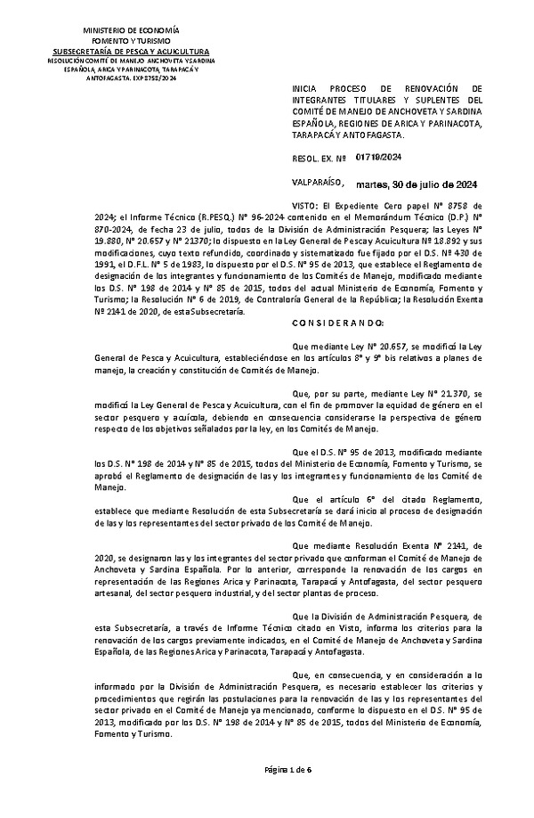 Res. Ex. N° 1719-2024 Inicia Proceso de Renovación de Integrantes Titulares y Suplentes del Comité de Manejo de Anchoveta y Sardina Española, Regiones de Arica y Parinacota, Tarapacá y Antofagasta. (Publicado en Página Web 30-07-2024)
