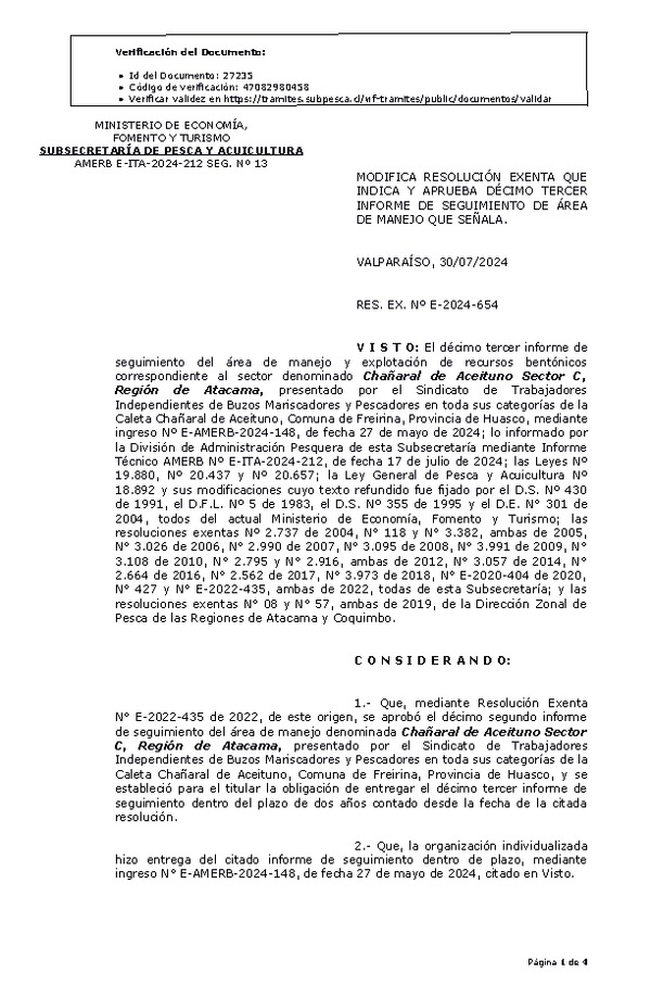 RES. EX. Nº E-2024-654 Modifica resolución que indica, Aprueba décimo tercer informe de seguimiento. (Publicado en Página Web 31-07-2024)