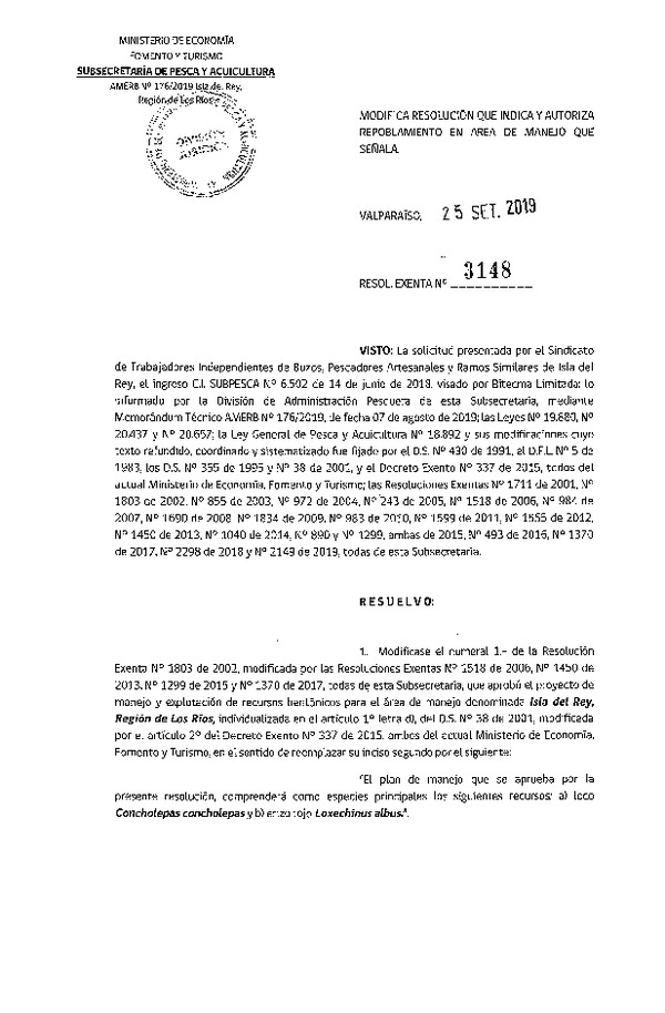 Res. Ex. N° 3148-2019 Modifica resolución que indica y autoriza repoblamiento.