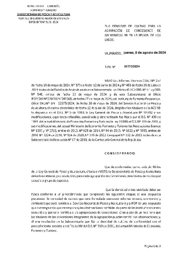 Res. Ex. N° 1772-2024 Fija densidad de cultivo para la agrupación de concesiones de salmónidos 9B en la Región de Los Lagos. (Con Informe Técnico) (Publicado en Página Web 09-08-2024)