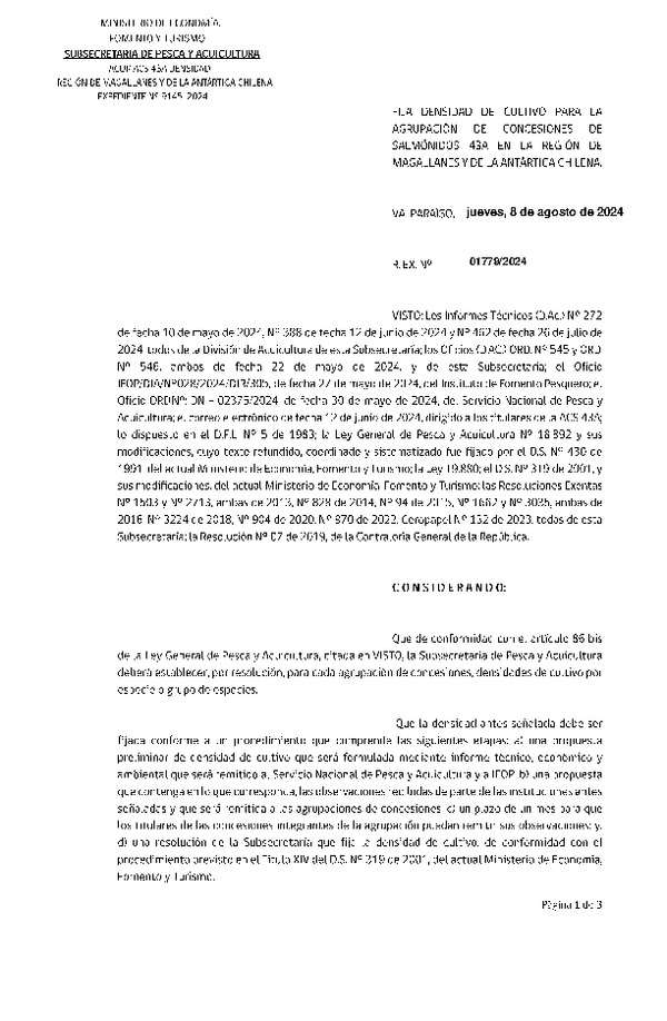 Res. Ex. N° 1779-2024 Fija densidad de cultivo para la agrupación de concesiones de salmónidos 43A en la Región de Magallanes y de La Antártica Chilena. (Con Informe Técnico) (Publicado en Página Web 09-08-2024)