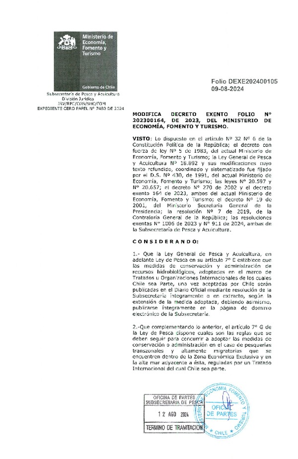 Dec. Ex. Folio N° 202400105 Modifica Dec. Ex. Folio 202300164 Establece Cuota Anual de Captura Para el Recurso Jurel, Año 2024. (Publicado en Página Web 13-08-2024)