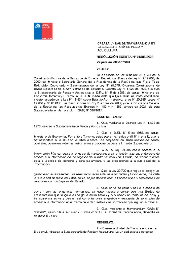 Res. Ex. N° 1583-2024 Crea la Unidad de Trasparencia en la Subsecretaría de Pesca y Acuicultura.