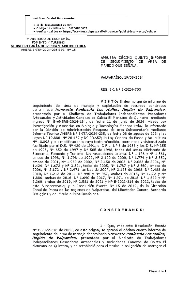 RESOL. EXENTA Nº E-2024-703 Aprueba décimo quinto informe de seguimiento. (Publicado en Página Web 21-08-2024)