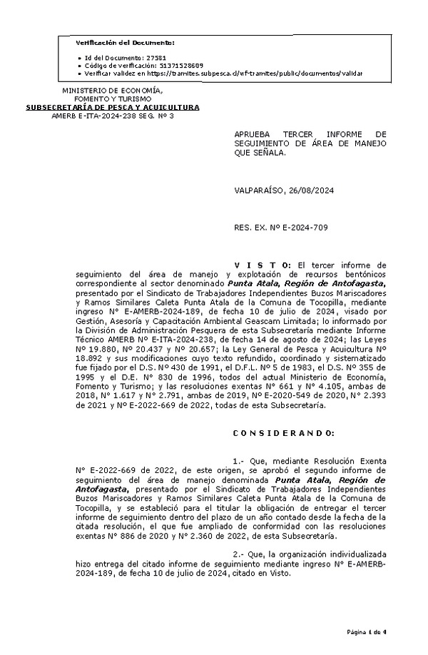RESOL. EXENTA Nº E-2024-709 Aprueba tercer informe de seguimiento. (Publicado en Página Web 28-08-2024)