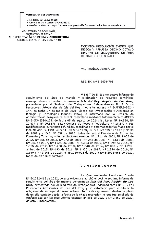 RESOL. EXENTA Nº E-2024-708 Modifica resolución que indica, Aprueba décimo octavo informe de seguimiento. (Publicado en Página Web 28-08-2024)
