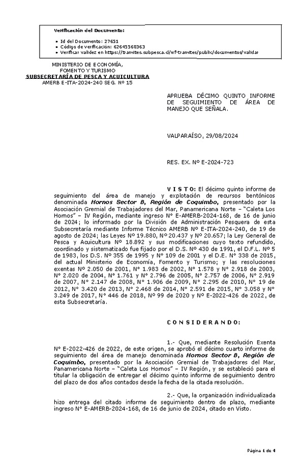 RESOL. EXENTA Nº E-2024-723 Aprueba décimo quinto informe de seguimiento. (Publicado en Página Web 30-08-2024)