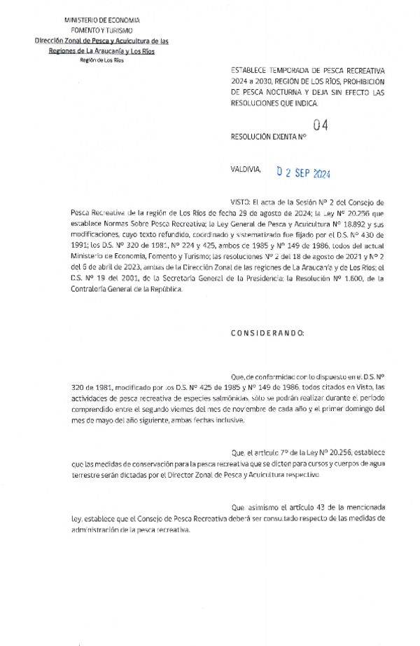 Res. Ex. N° 04-2024 (DZP La Araucanía y Los Ríos) Establece temporada de pesca recreativa 2024 a 2030, región de Los Ríos, prohibición de pesca nocturna y deja sin efecto las resoluciones que indica (Publicado en Página Web 03-09-2024)