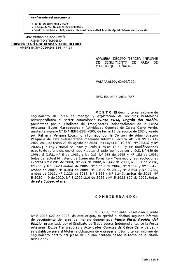 RES. EX. Nº E-2024-727 Aprueba décimo tercer informe de seguimiento. (Publicado en Página Web 04-09-2024)