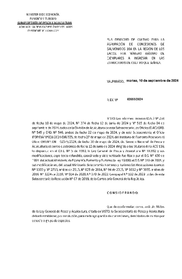 Res. Ex. N° 2055-2024 Fija densidad de cultivo para la agrupación de concesiones de salmónidos 10A en la Región de Los Lagos. Fija número máximo de ejemplares a ingresar en las estructuras de cultivo que señala.(Con Informe Técnico) (Publicado en Página Web 11-09-2024)