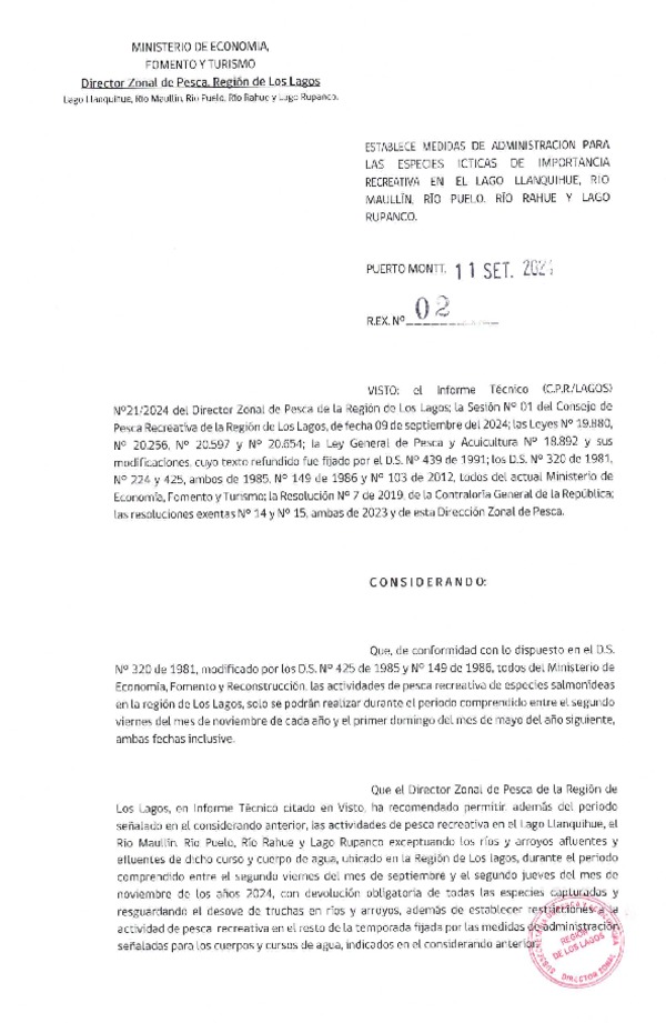 Res. Ex. N° 02-2024 (DZP Los Lagos) Establece Medidas de Administración para las Especies Ícticas de Importancia Recreativa en el Lago Llanquihue, Río Maullín, Río Puelo, Río Rahue y Lago Rupanco. (Publicado en Página Web 11-09-2024) (F.D.O. 24-09-2022)