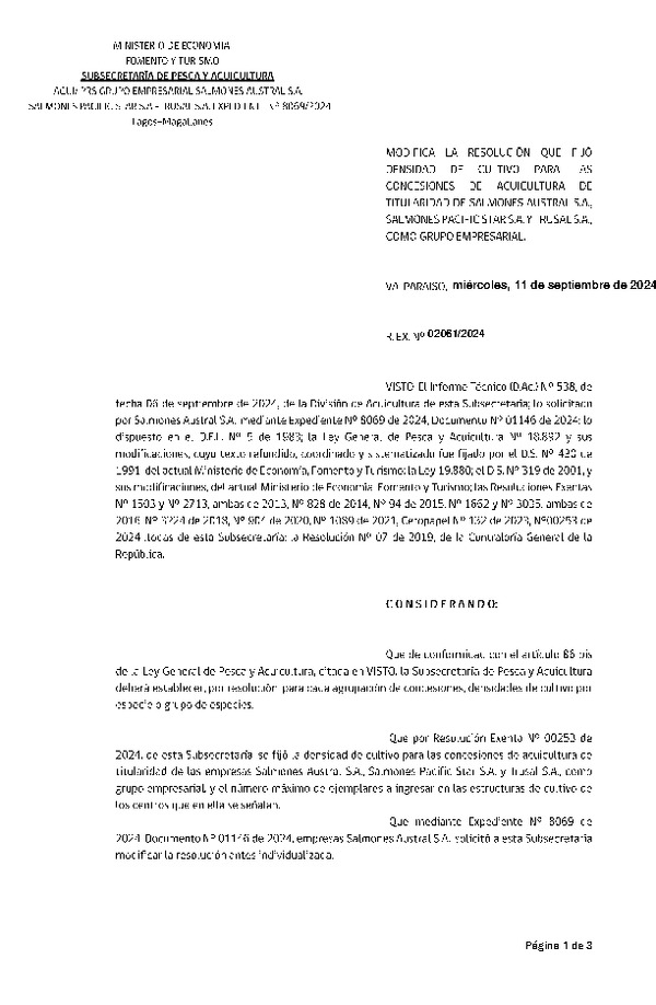 Res. Ex. N° 2061-2024 Modifica Res. Ex. N° 00253-2024 Fija densidad de cultivo para las concesiones de acuicultura de titularidad de Salmones Austral S.A., Salmones Pacific Strar S.A. y Trusal S.A., como grupo empresarial. Aprueba Programa de Manejo que Indica. (Con informe técnico) (Publicado en Página Web 12-09-2024)