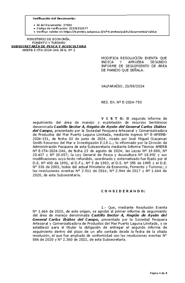 RES. EX. Nº E-2024-750 Modifica resolución que indica, aprueba segundo informe de seguimiento. (Publicado en Página Web 23-09-2024)