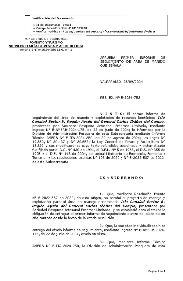 RES. EX. Nº E-2024-752 Aprueba primer informe de seguimiento. (Publicado en Página Web 23-09-2024)