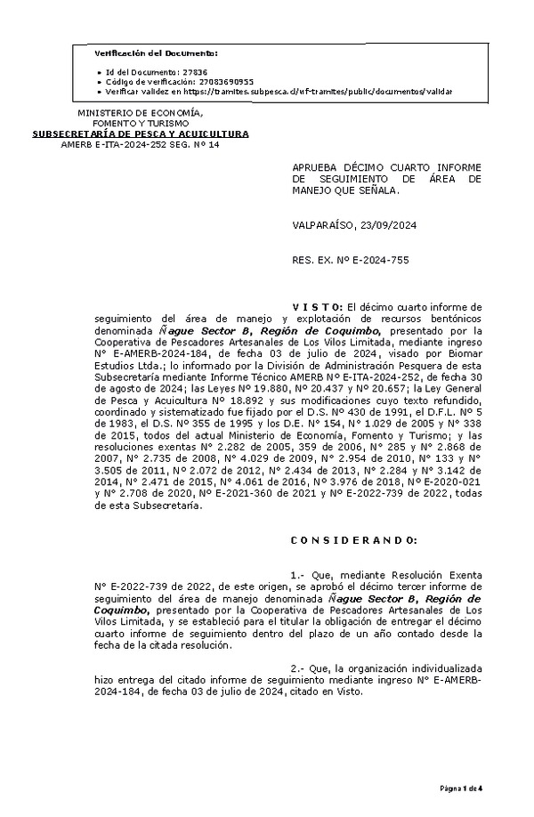 RES. EX. Nº E-2024-755 Aprueba décimo cuarto informe de seguimiento. (Publicado en Página Web 23-09-2024)