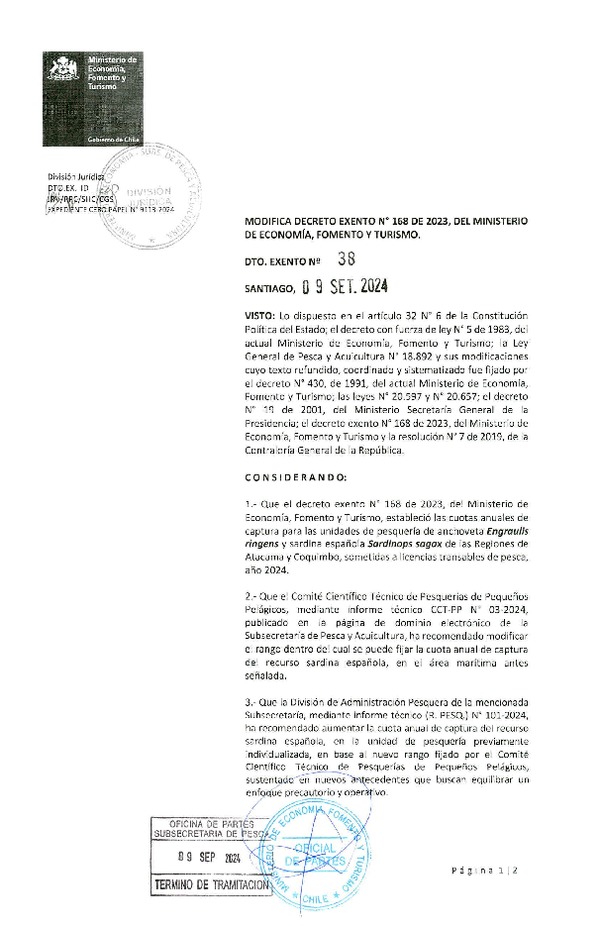 Dec. Ex. N° 38-2024 Modifica Dec. Ex. N° 168-2023 Establece Cuota de Captura de Unidades de Pesquería de Anchoveta y Sardina Española Atacama-Coquimbo Sometidas a Licencias Transables de Pesca, Año 2024. (Publicado en Página Web 27-09-2024)