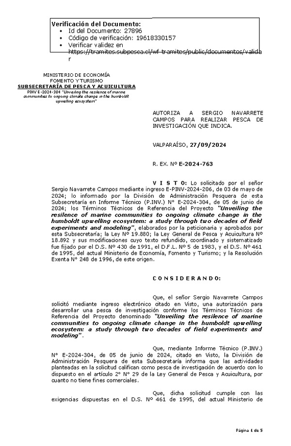 R. EX. Nº E-2024-763 AUTORIZA A SERGIO NAVARRETE CAMPOS PARA REALIZAR PESCA DE INVESTIGACIÓN QUE INDICA. (Publicado en Página Web 30-09-2024)