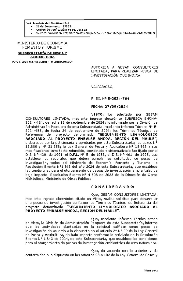 R. EX. Nº E-2024-764 AUTORIZA A GESAM CONSULTORES LIMITADA, PARA REALIZAR PESCA DE INVESTIGACIÓN QUE INDICA. (Publicado en Página Web 30-09-2024)