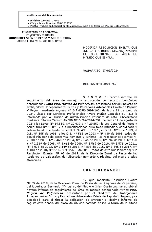 RES. EX. Nº E-2024-762 Modifica resolución que indica, aprueba décimo informe de seguimiento. (Publicado en Página Web 30-09-2024)