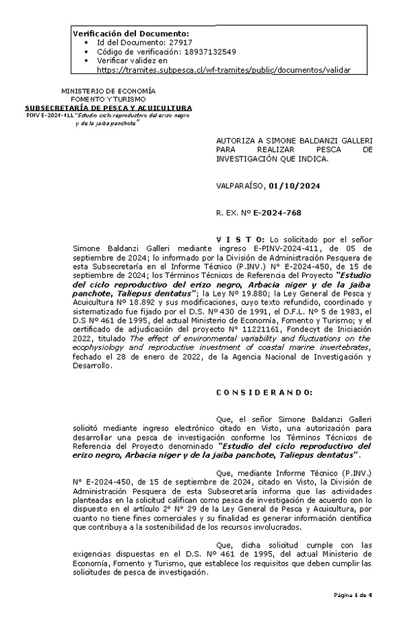 R. EX. Nº E-2024-768 AUTORIZA A SIMONE BALDANZI GALLERI PARA REALIZAR PESCA DE INVESTIGACIÓN QUE INDICA. (Publicado en Página Web 02-10-2024)