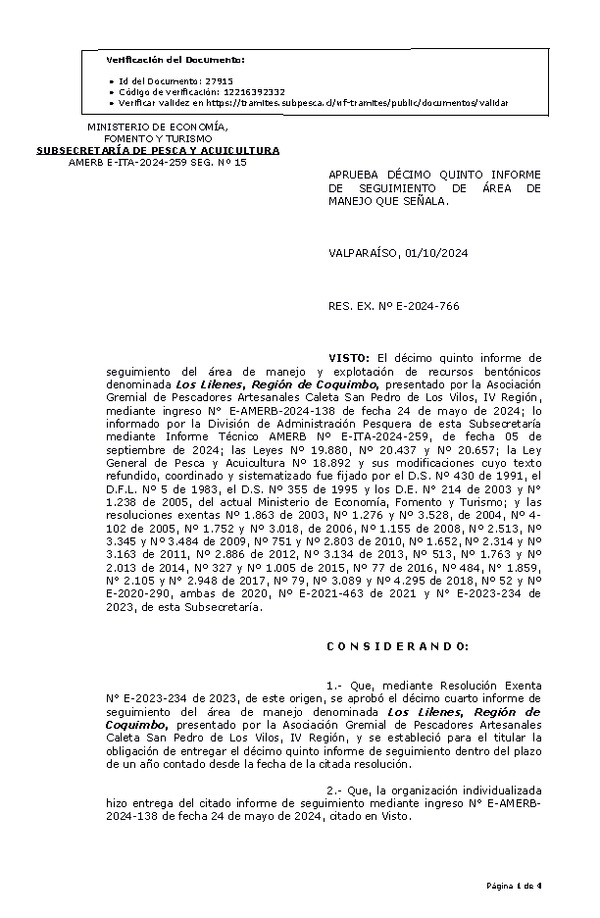 RESOL. EXENTA Nº E-2024-766 Aprueba décimo quinto informe de seguimiento. (Publicado en Página Web 02-10-2024)