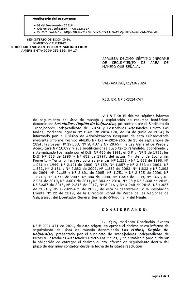 RESOL. EXENTA Nº E-2024-767 Aprueba décimo séptimo informe de seguimiento. (Publicado en Página Web 02-10-2024)