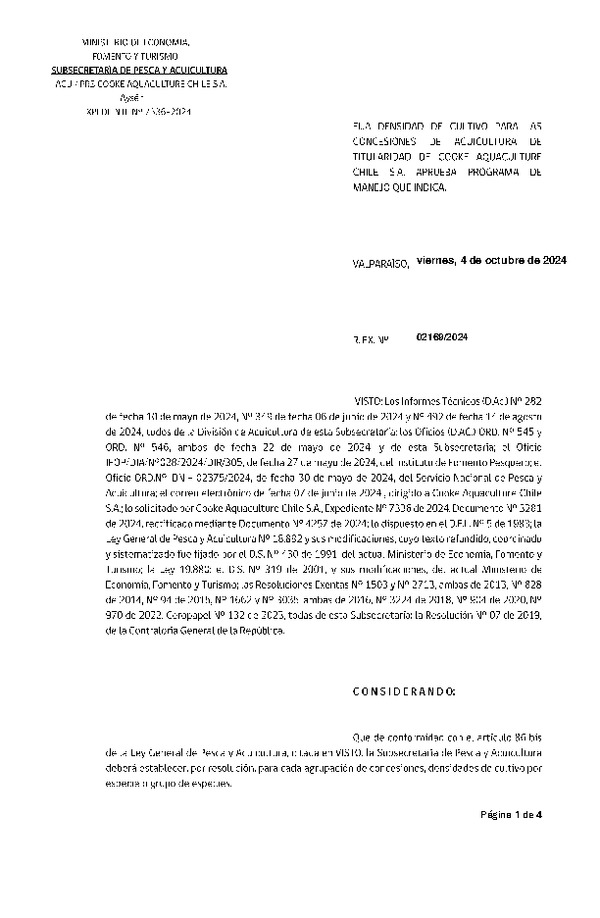 Res. Ex. N° 2169-2024 Fija densidad de cultivo para las concesiones de acuicultura de titularidad de Cooke Aquaculture Chile S.A. Aprueba programa de manejo que indica. (Con Informe Técnico) (Publicado en Página Web 04-10-2024)