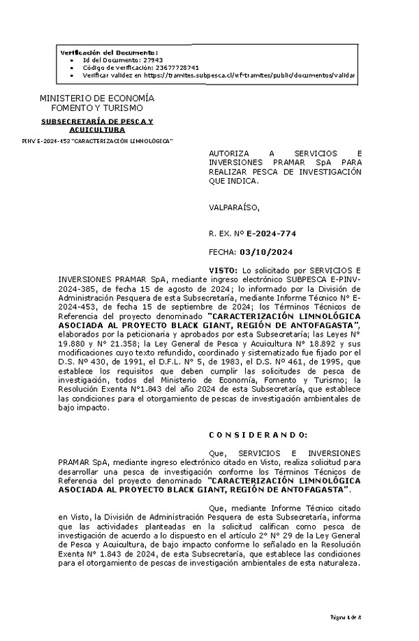 R. EX. Nº E-2024-774 AUTORIZA A SERVICIOS E INVERSIONES PRAMAR SpA PARA REALIZAR PESCA DE INVESTIGACIÓN QUE INDICA. (Publicado en Página Web 07-10-2024)