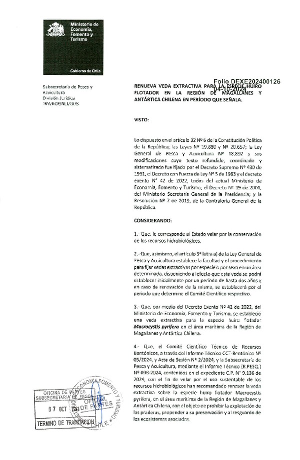 Dec. Ex. Folio N° 202400126 Suspende Veda Extractiva para la Especie Huiro flotador en la Región de Magallanes y Antártica Chilena en Período que Señala. (Publicado en Página Web 08-10-2024)
