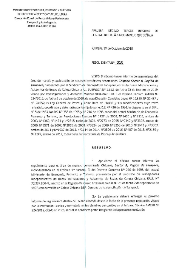 Res. Ex. N° 10-2019 Aprueba décimo tercer informe de seguimiento.