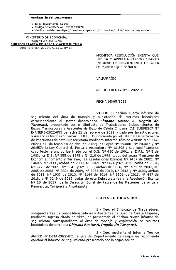 Res. Exenta E-2022-199 Modifica resolución que indica, Aprueba décimo cuarto informe de seguimiento.