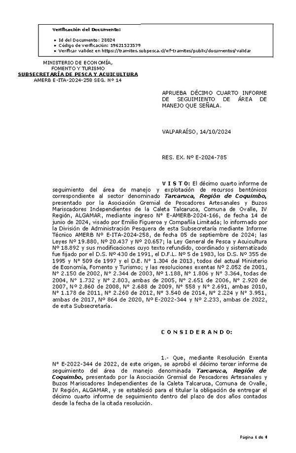 RES. EX. Nº E-2024-785 Aprueba décimo cuarto informe de seguimiento. (Publicado en Página Web 17-10-2024)