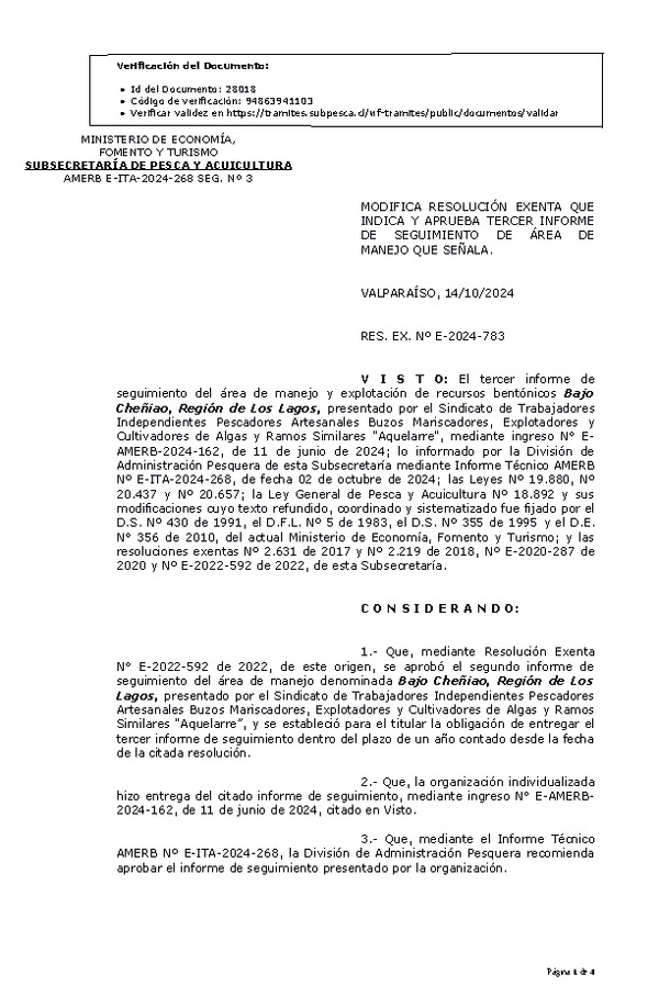 RES. EX. Nº E-2024-783 Modifica resolución que indica, aprueba tercer informe de seguimiento. (Publicado en Página Web 17-10-2024)