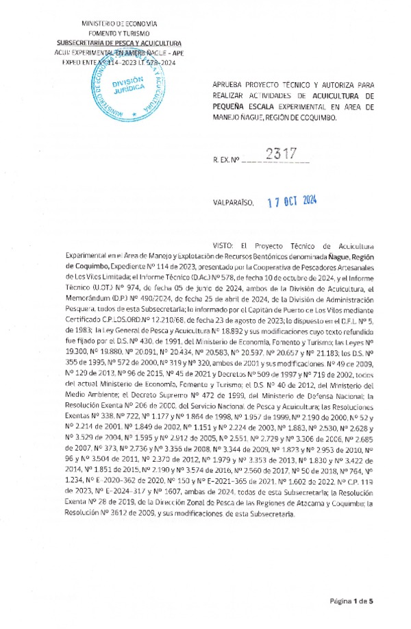 Res. Ex. N° 2317-2024, Aprueba Proyecto Técnico y Autoriza para Realizar Actividades de Acuicultura de Pequeña Escala Experimental en Área de Manejo Ñague, Región de Coquimbo. (Publicado en Página Web 18-10-2024)