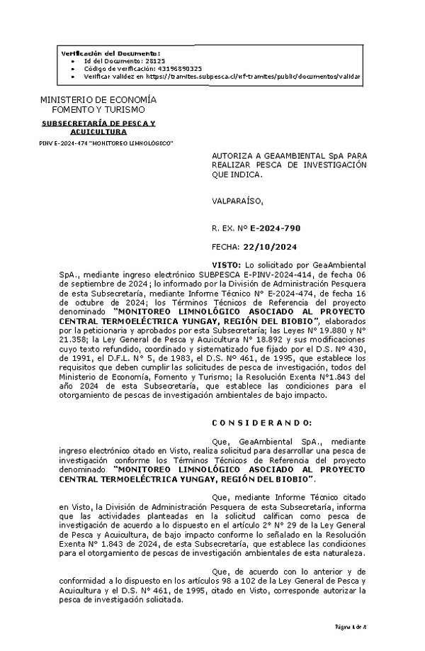 R. EX. Nº E-2024-790 AUTORIZA A GEAAMBIENTAL SpA PARA REALIZAR PESCA DE INVESTIGACIÓN QUE INDICA. (Publicado en Página Web 23-10-2024)