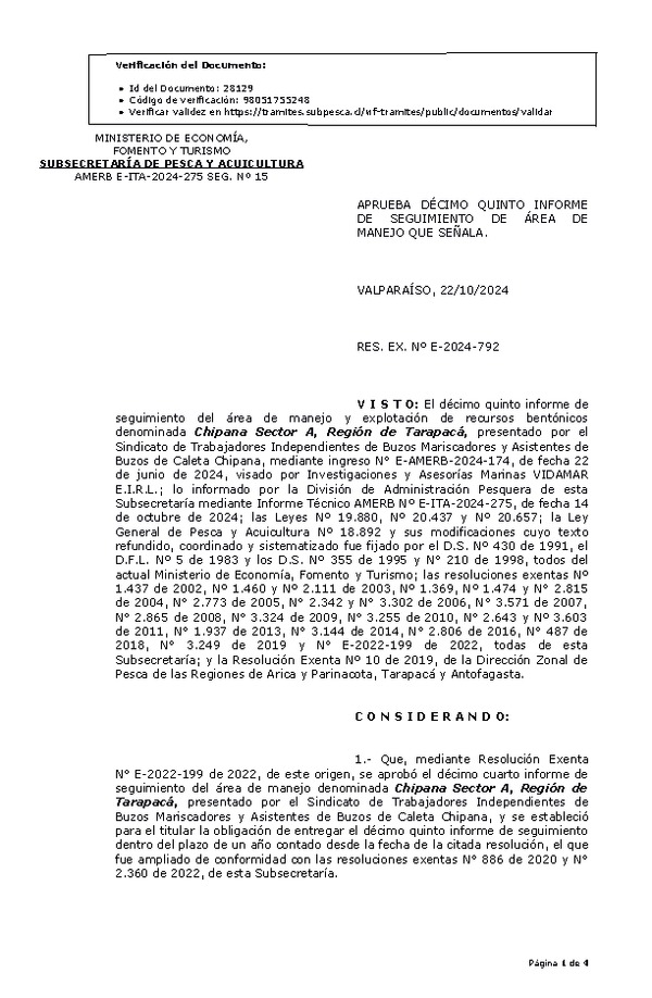 RES. EX. Nº E-2024-792 Aprueba décimo quinto informe de seguimiento. (Publicado en Página Web 23-10-2024)