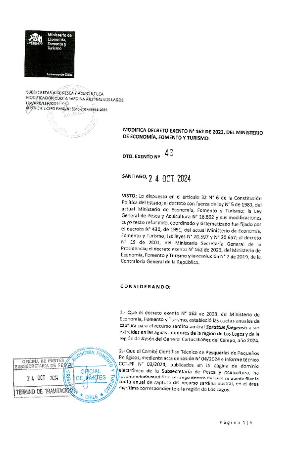 Dec. Ex. N° 43-2024 Modifica Dec. Ex. Folio 202300162 Establece Cuotas Anuales de Captura para el Recurso Sardina Austral en las Aguas Interiores en las Regiones de Los Lagos y Aysén, Año 2024. (Publicado en Página Web 24-10-2024)