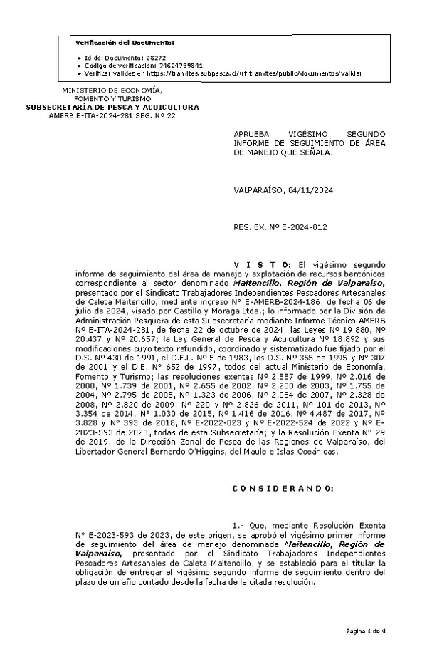RES. EX. Nº E-2024-812 Aprueba vigésimo segundo informe de seguimiento. (Publicado en Página Web 05-11-2024)