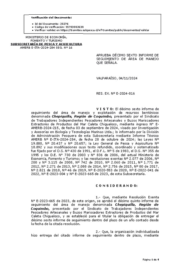 RES. EX. Nº E-2024-816 Aprueba décimo sexto informe de seguimiento. (Publicado en Página Web 05-11-2024)