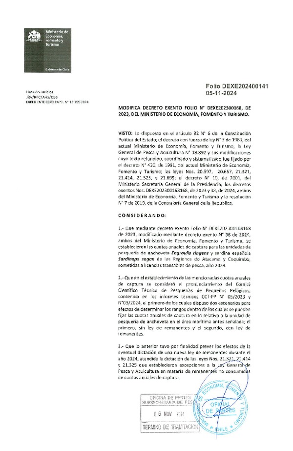 Dec. Ex. Folio 202400141 Modifica Dec. Ex. Folio 202300168 Establece Cuota de Captura de Unidades de Pesquería de Anchoveta y Sardina Española Atacama-Coquimbo Sometidas a Licencias Transables de Pesca, Año 2024. (Publicado en Página Web 07-11-2024)