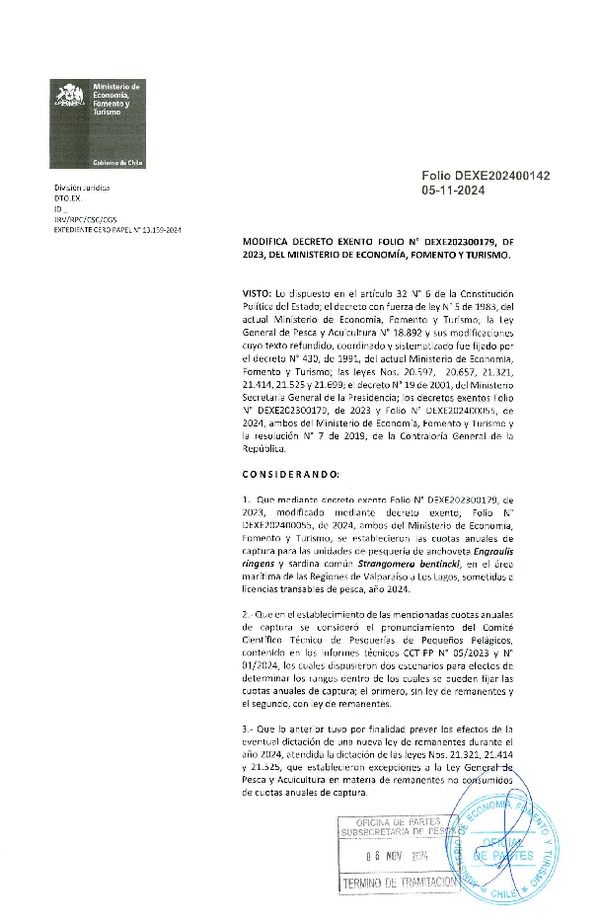 Dec. Ex. Folio 202400142 Modifica Dec. Ex. Folio 202300179 Establece Cuotas Anuales de Captura de Pesquería de Anchoveta y Sardina Común, Valparaíso - Los Lagos Sometidas a Licencias Transables de Pesca, Año 2024. (Publicado en Página Web 07-11-2024)