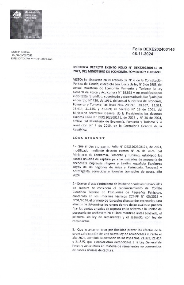 Dec. Ex. Folio 202400145 Modifica Dec. Ex. Folio 202300171 Establece Cuota de Captura de Unidades de Pesquería de Anchoveta y Sardina Española Zona Norte Sometidas a Licencias Transables de Pesca, Año 2024. (Publicado en Página Web 07-11-2024)