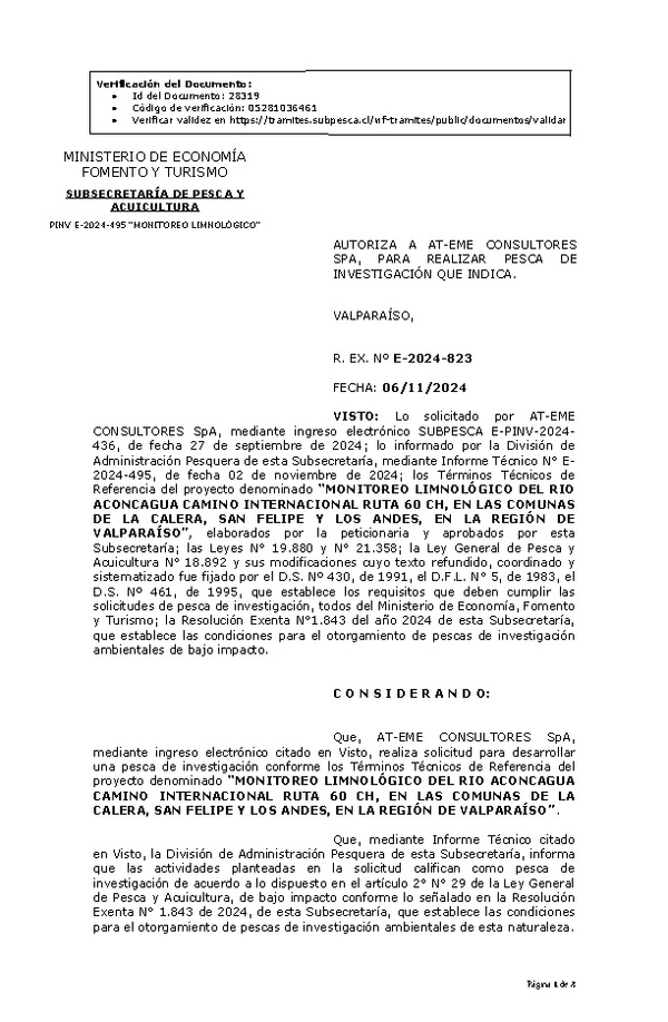 R. EX. Nº E-2024-823 AUTORIZA A AT-EME CONSULTORES SPA, PARA REALIZAR PESCA DE INVESTIGACIÓN QUE INDICA. (Publicado en Página Web 07-11-2024)