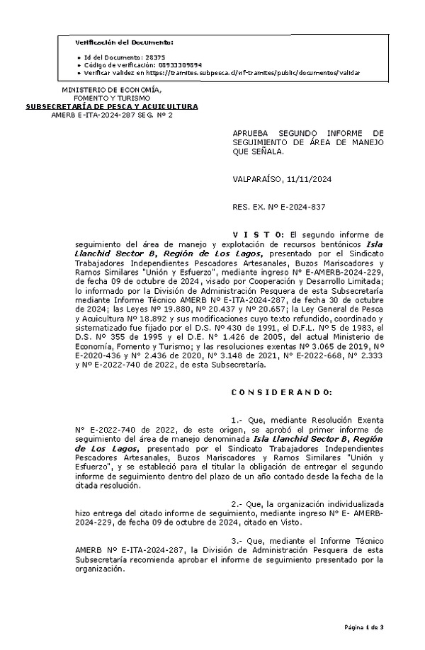 RES. EX. Nº E-2024-837 Aprueba segundo informe de seguimiento. (Publicado en Página Web 13-11-2024)