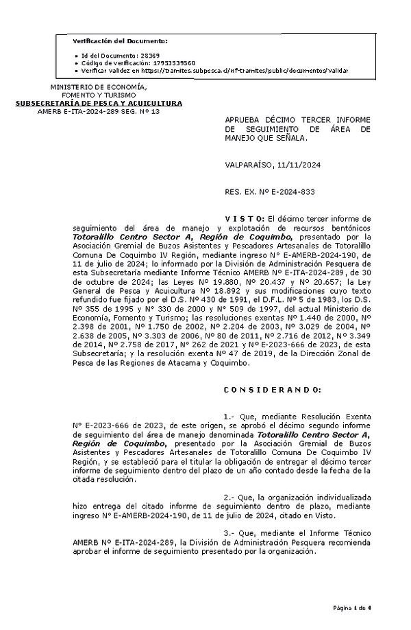 RES. EX. Nº E-2024-833 Aprueba décimo tercer informe de seguimiento. (Publicado en Página Web 13-11-2024)